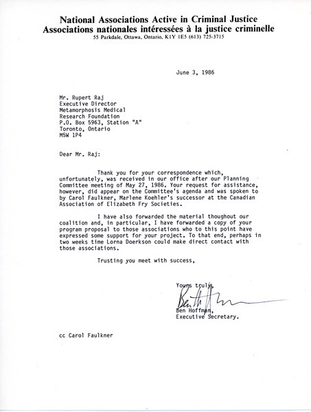 Download the full-sized image of Letter from Ben Hoffman to Rupert Raj (June 3, 1986)