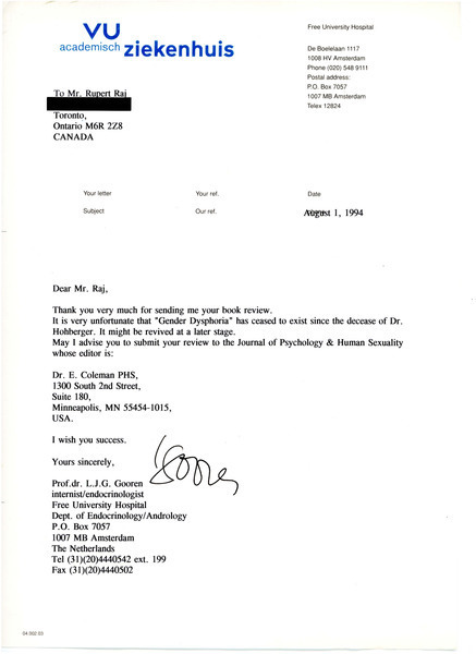Download the full-sized image of Letter from Dr. L.J.G Gooren to Rupert Raj (August 1, 1994)