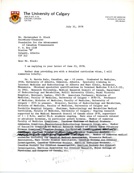 Download the full-sized image of Letter to Mr. Christopher E. Black from Dr. R. Marvin Bala (July 31, 1978)
