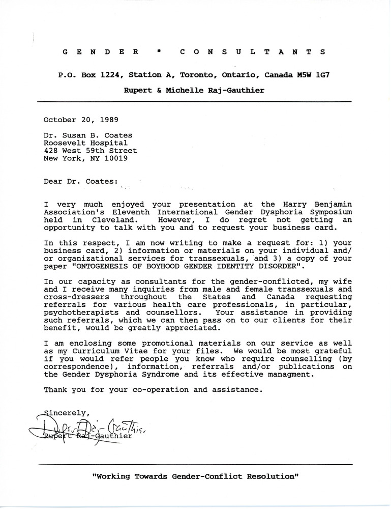 Download the full-sized PDF of Letter from Rupert Raj to Dr. Susan B. Coates (October 20, 1989)