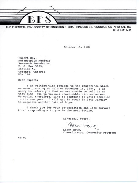 Download the full-sized image of Letter from Karen Howe to Rupert Raj (October 15, 1984)