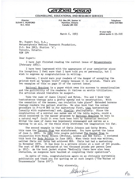 Download the full-sized image of Letter from Susan C. Huxford to Rupert Raj (March 6, 1985)