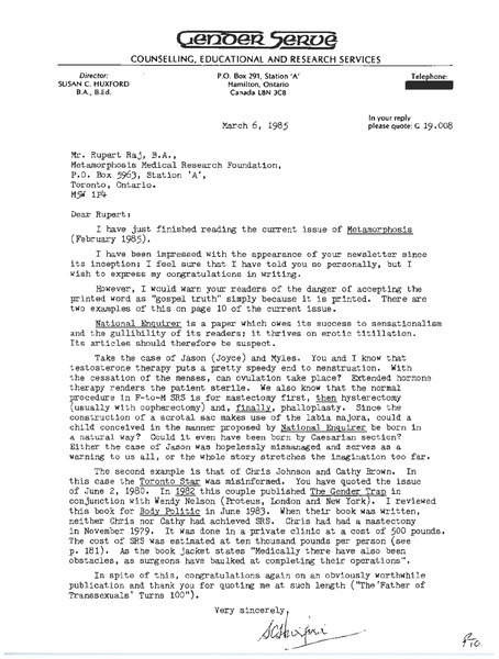 Download the full-sized image of Letter from Susan C. Huxford to Rupert Raj (March 6, 1985)