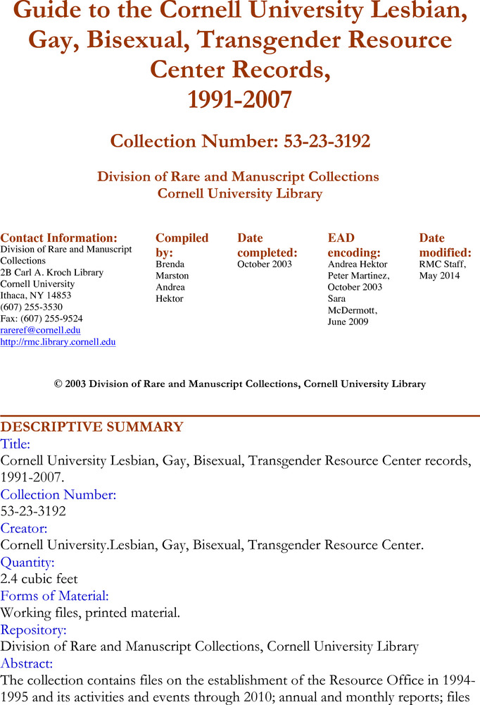 Download the full-sized PDF of Guide to the Cornell University Lesbian, Gay, Bisexual, Transgender Resource Center Records, 1991-2007