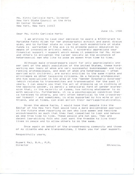 Download the full-sized image of Letter from Rupert Raj to Kitty Carlisle Hart (June 13, 1998)