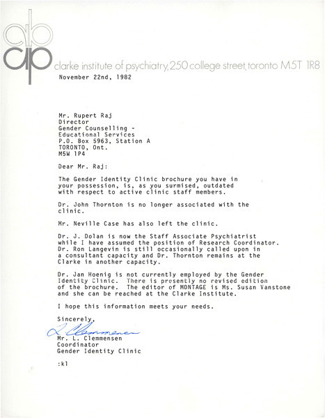 Download the full-sized image of Letter from L. Clemmensen to Rupert Raj (November 22, 1982)