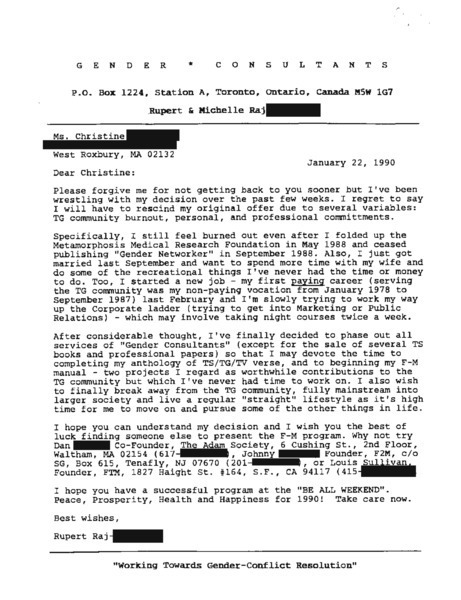 Download the full-sized PDF of Letter from Rupert Raj to Christine W. Young (January 22, 1990)