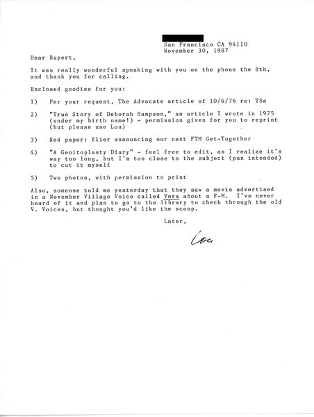 Download the full-sized image of Letter from Lou Sullivan to Rupert Raj (November 30, 1987)