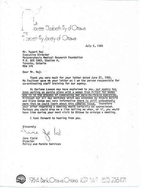 Download the full-sized image of Letter from Jane Fjeld to Rupert Raj (July 5, 1985)