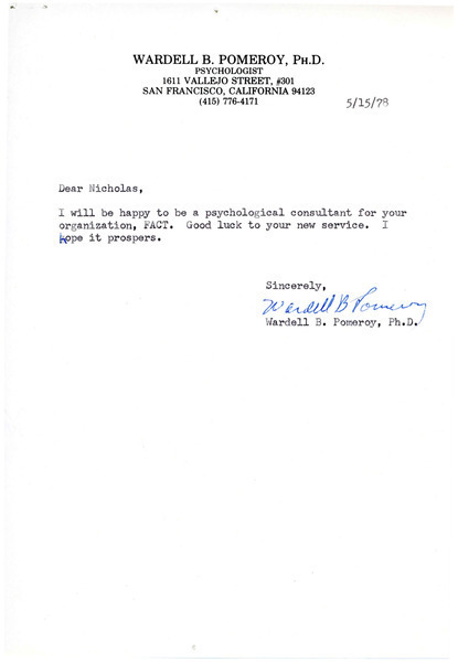 Download the full-sized image of Letter from Dr. Wardell Pomeroy to Rupert Raj (May 15, 1978)