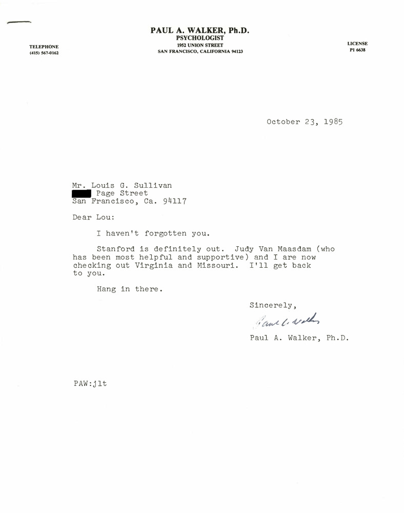 Download the full-sized PDF of Correspondence from Paul Walker to Lou Sullivan (October 23, 1985)