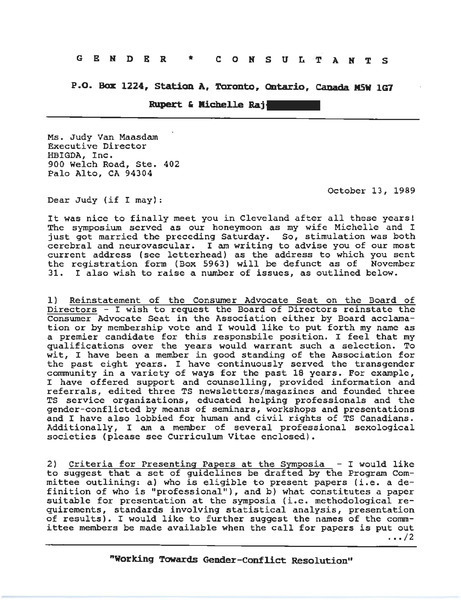 Download the full-sized image of Letter from Rupert Raj to Judy Van Maasdam (October 13, 1989)