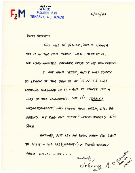 Download the full-sized image of Letter from Johnny A. to Rupert Raj (February 22, 1989)