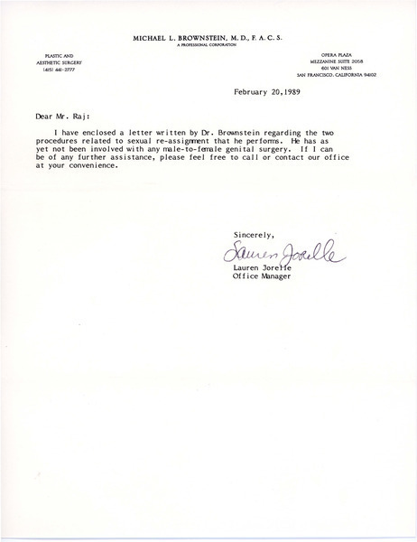 Download the full-sized image of Letter from Lauren Jorelle to Rupert Raj (February 20, 1989)