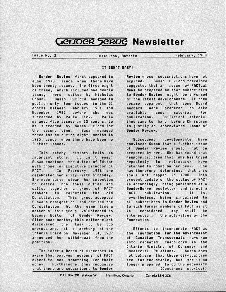Download the full-sized PDF of GenderServe Newsletter Issue No. 2 (Winter 1988)