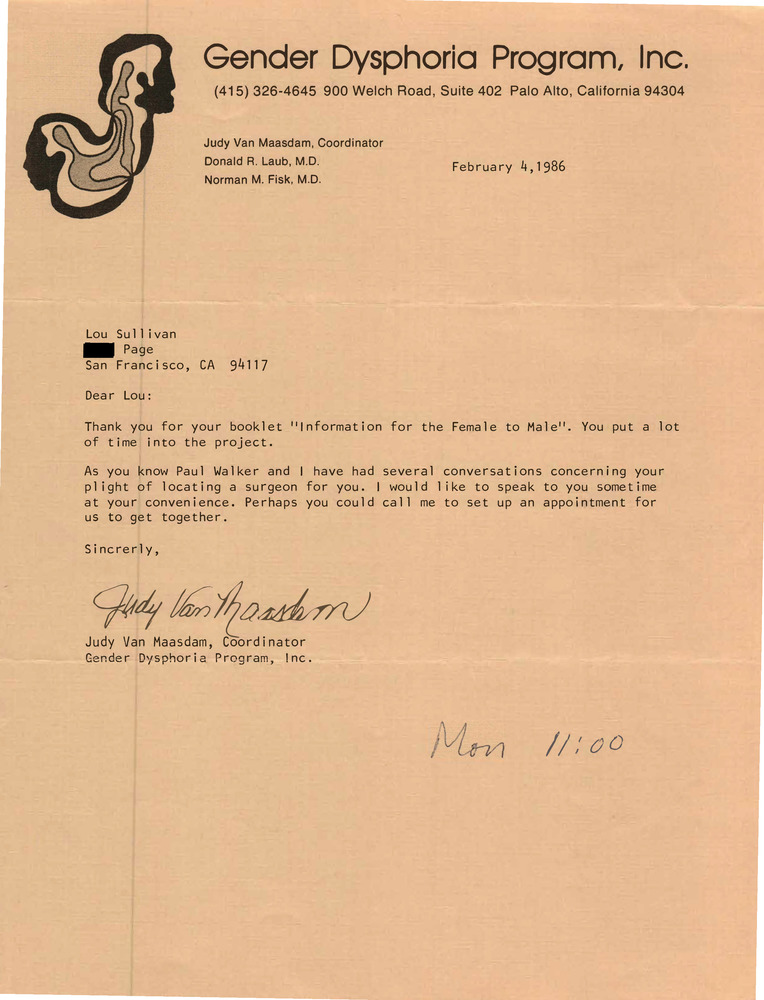 Download the full-sized PDF of Correspondence from Judy Van Maasam to Lou Sullivan (February 4, 1986)