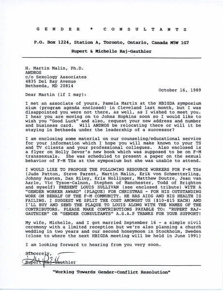 Download the full-sized image of Letter from Rupert Raj to Dr. H. Martin Malin (October 16, 1989)