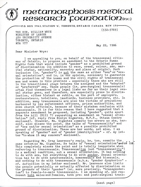 Download the full-sized image of Letters from Rupert Raj to the Ontario Minister of Labor and to the Department of External Affairs (1986)