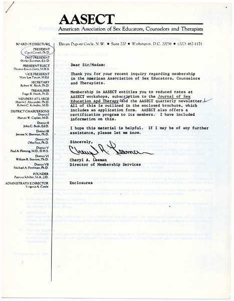 Download the full-sized image of Letter from the Cheryl A. Leeman