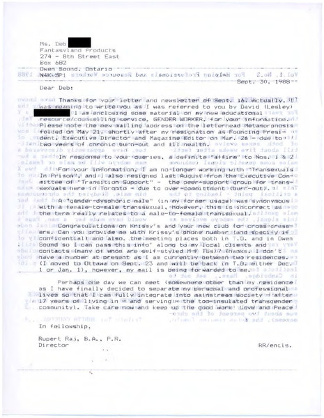 Download the full-sized image of Letter from Rupert Raj to Deb (September 30, 1988)