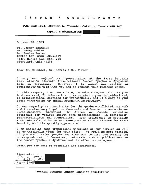 Download the full-sized PDF of Letter from Rupert Raj to Dr. Jeremy Baumbach, Dr. Terry Tobias, and Dr. Louisa Turner (October 20, 1989)