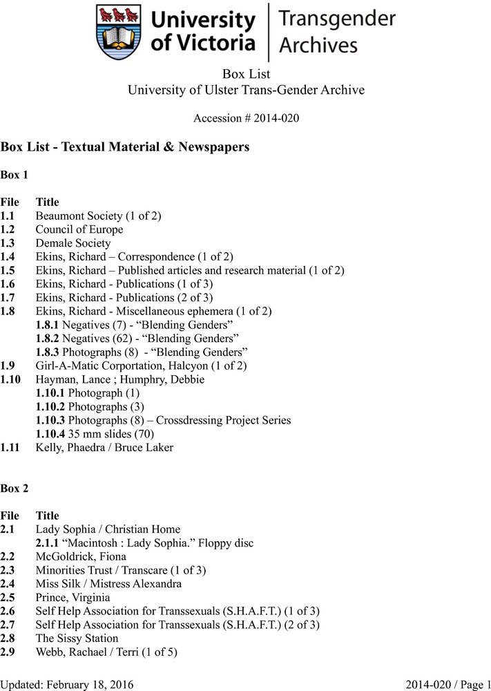 Download the full-sized PDF of University of Ulster Trans-Gender Archive: Box List