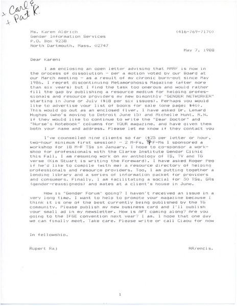 Download the full-sized image of Letter from Rupert Raj to Karen Aldrich (May 7, 1988)