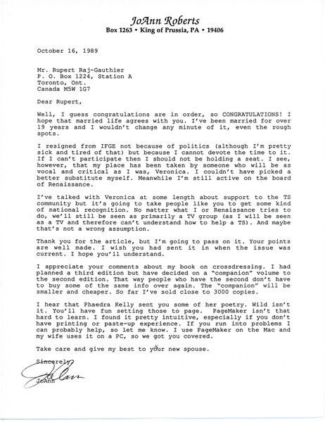Download the full-sized image of Letter from JoAnn Roberts to Rupert Raj (October 16, 1989)