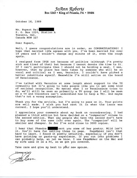 Download the full-sized image of Letter from JoAnn Roberts to Rupert Raj (October 16, 1989)