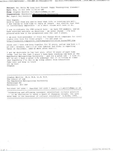 Download the full-sized image of Email from Stephen Whittle to Rupert Raj (October 21, 1996)