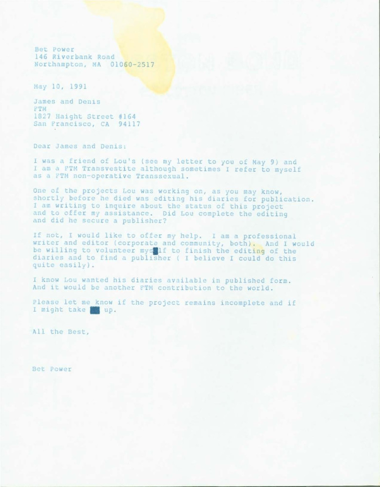 Download the full-sized PDF of Letter from Bet Power to FTM (May 10, 1991)