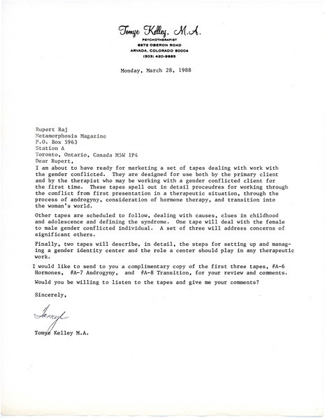 Download the full-sized image of Letter from Tomye Kelley to Rupert Raj (March 3, 1988)