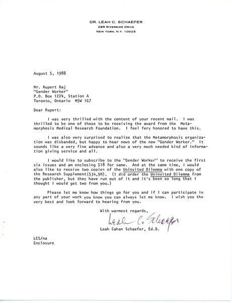 Download the full-sized image of Letter from Leah Cahan Schaefer to Rupert Raj (August 5, 1988)