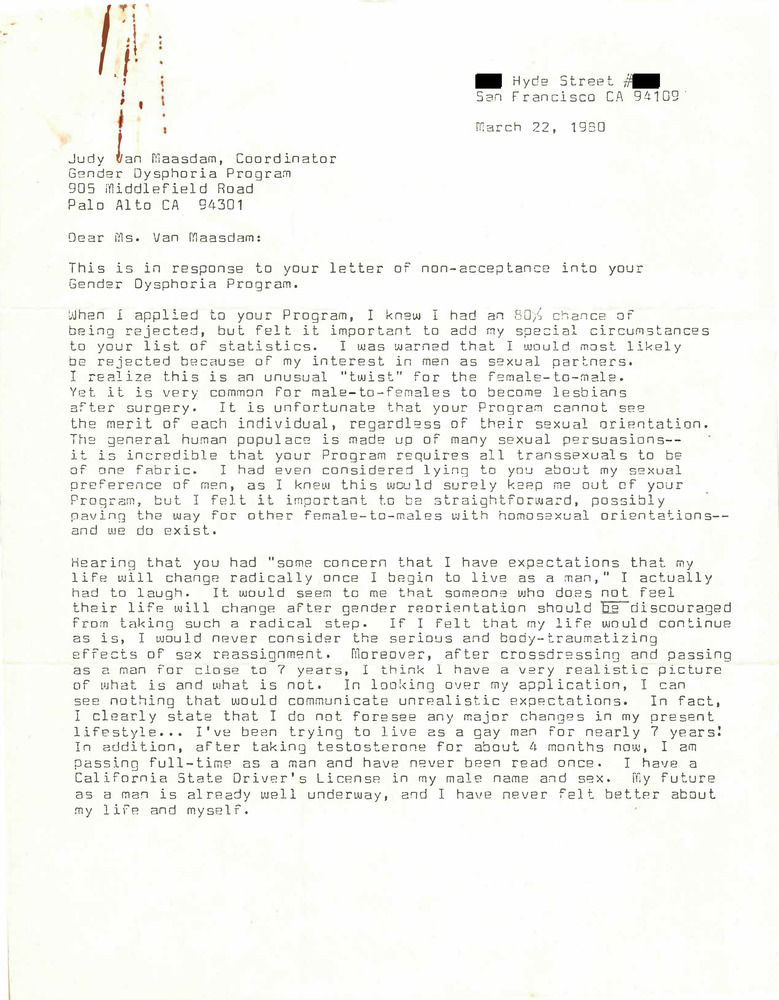 Download the full-sized PDF of Correspondence from Lou Sullivan to Judy Maasdam (March 22, 1980)