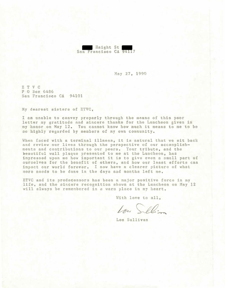 Download the full-sized PDF of Correspondence from Lou Sullivan to ETVC (May 27, 1990)
