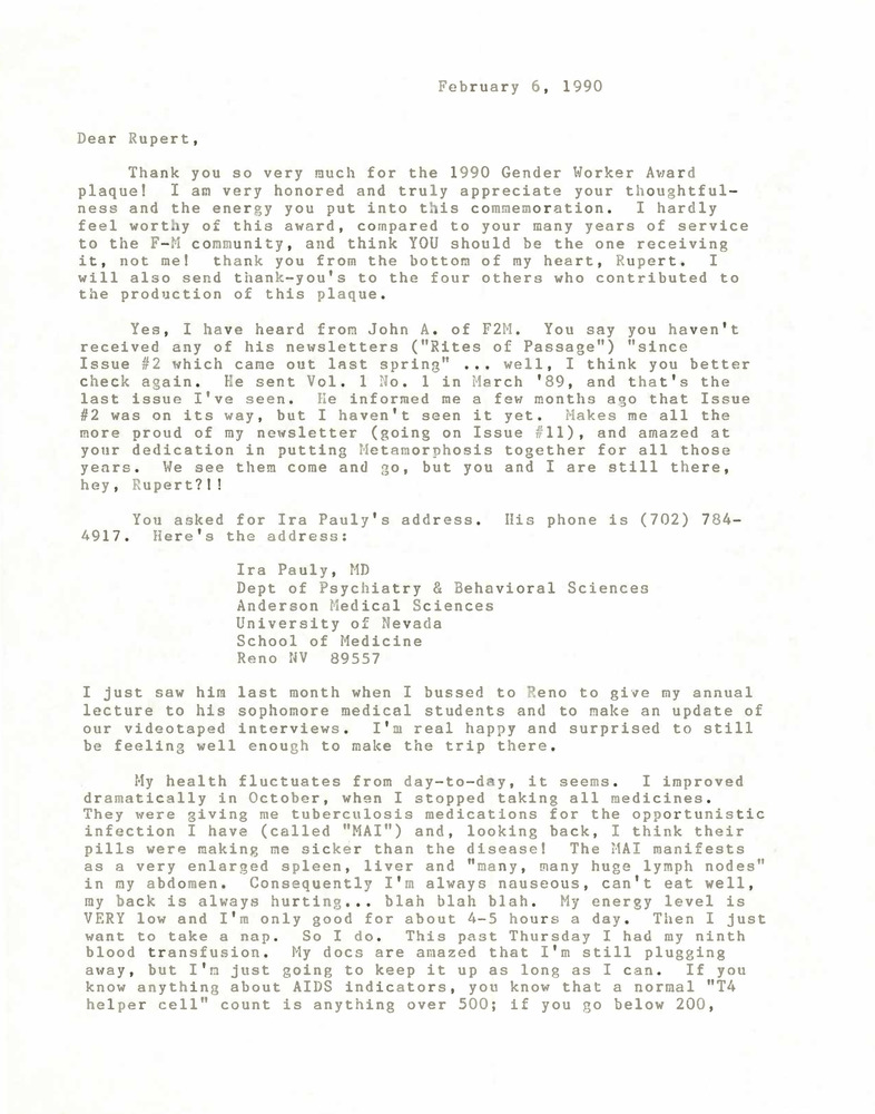 Download the full-sized PDF of Correspondence from Lou Sullivan to Rupert Raj (February 6, 1990)