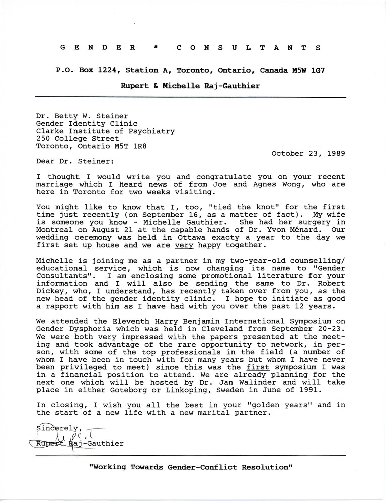 Download the full-sized PDF of Letter from Rupert Raj to Dr. Betty W. Steiner (October 23, 1989)