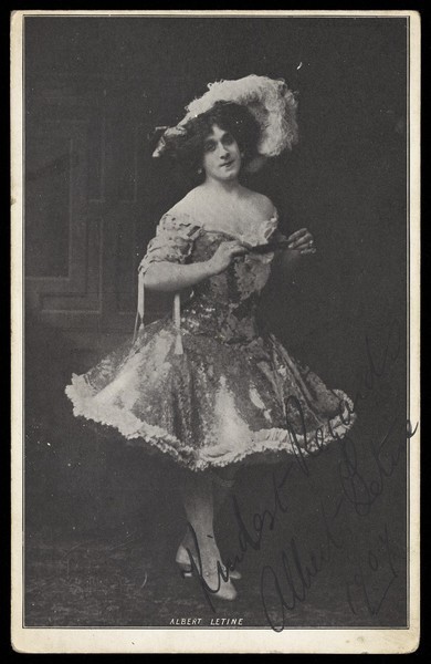 Download the full-sized image of Albert Letine in drag. Postcard, ca. 1907.