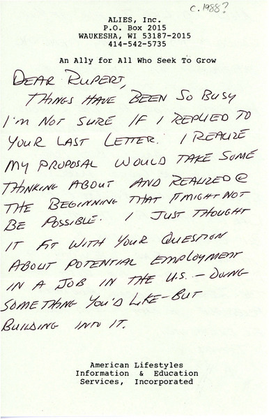 Download the full-sized image of Letter from Dee Dailey to Rupert Raj  (1988)