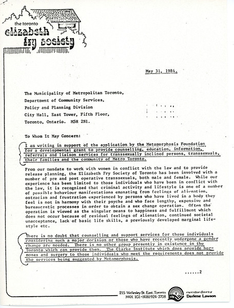 Download the full-sized image of Letter from Darlene Lawson to the Toronto Department of Community Services (May 31, 1984)