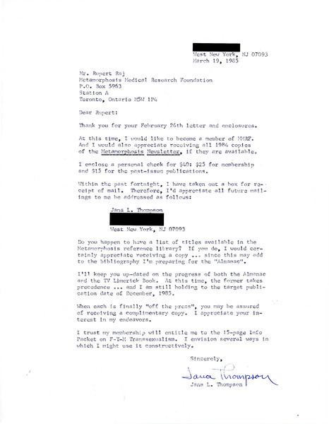 Download the full-sized image of Letter from Jana Thompson to Rupert Raj (March 19, 1985)
