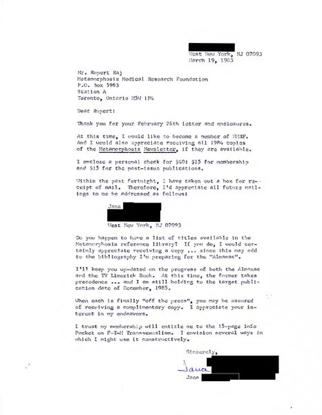 Download the full-sized image of Letter from Jana Thompson to Rupert Raj (March 19, 1985)