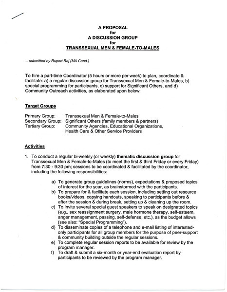 Download the full-sized image of A Proposal for a Discussion Group for Transsexual Men and Female-to-Males