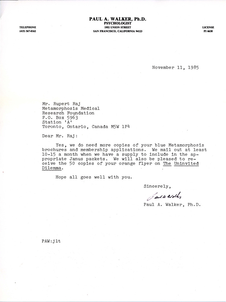 Download the full-sized PDF of Letter from Paul A. Walker to Rupert Raj (November 11, 1985)