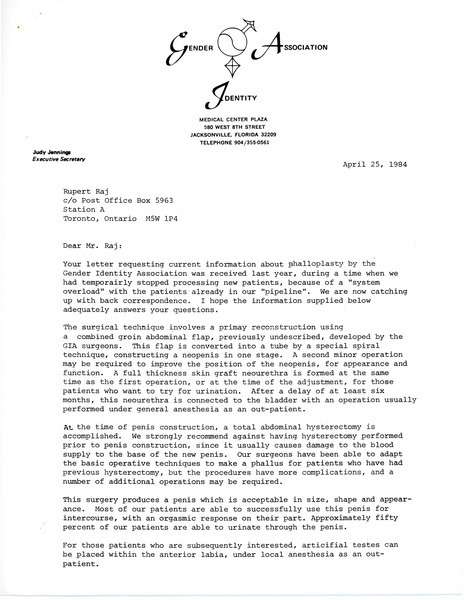 Download the full-sized image of Letter from Judy Jennings to Rupert Raj (April 25, 1984)