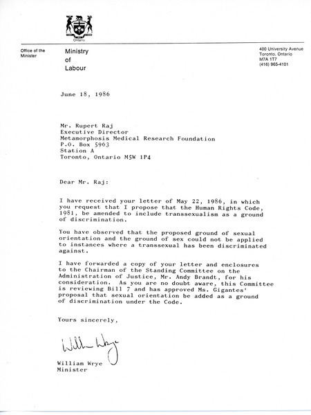 Download the full-sized image of Letter from William Wrye to Rupert Raj (June 18, 1986)