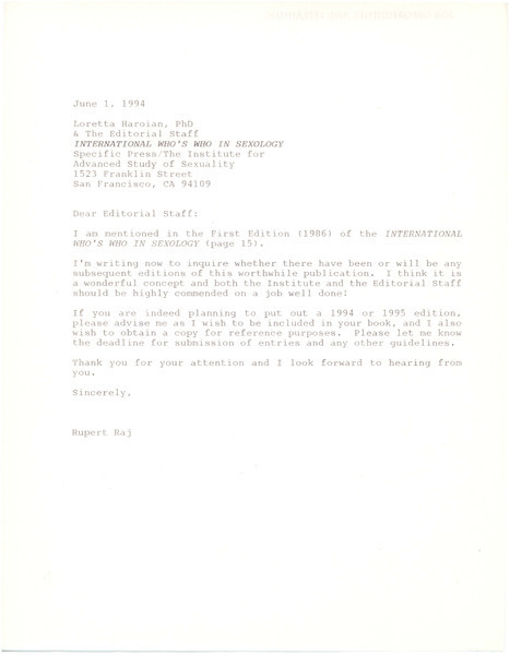 Download the full-sized image of Letter from Rupert Raj to Loretta Haroian (June 1, 1994)