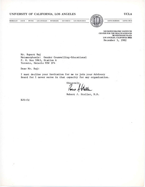 Download the full-sized image of Letter from Dr. Robert J. Stoller to Rupert Raj (December 3, 1982)
