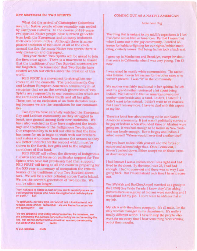 Download the full-sized image of Buffalo Hide Newsletter excerpt, 'New Movements for Two Spirits,' 'Coming Out as Native American'