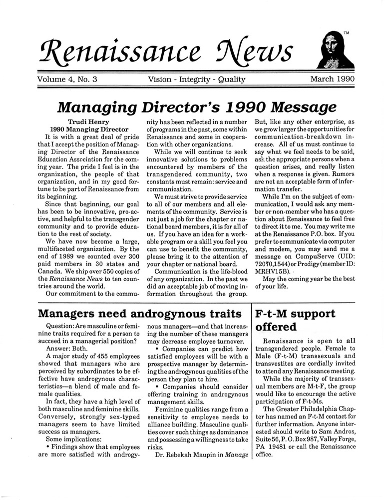 Download the full-sized PDF of Renaissance News, Vol. 4 No. 3 (March 1990)